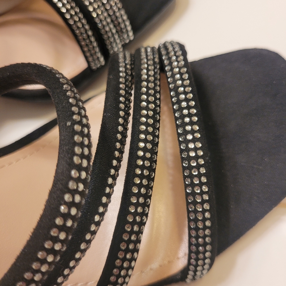 Kelly & Katie Strappy, Black Microsuede, Rhinestones, Block Heel Sandal Size - Picture 6 of 8